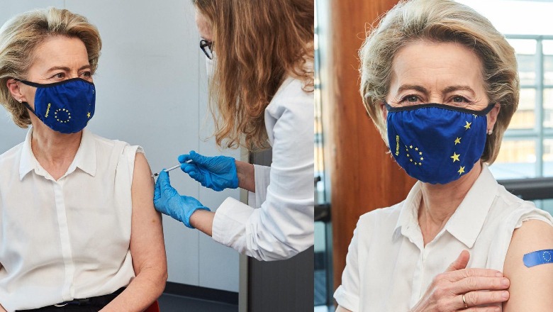 'Festa' e Von der Leyen për 100 milionë vaksinimet në BE, presidentja e KE merr dozën e parë të vaksinës kundër COVID-19