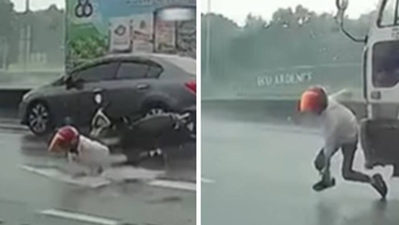 Humbi kontrollin e motorit në shi, i riu u bë 'heroi' i vetës, shpëton nga përplasja e kamionit në Malajzi (VIDEO)