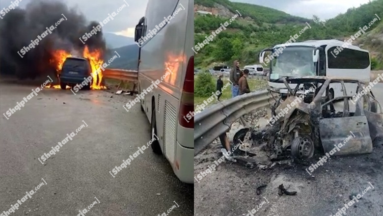 Aksident në Prrenjas, makina përplaset me autobusin dhe shpërthen në flakë! 6 të plagosur, 1 në gjendje të rëndë, dërgohet te Trauma