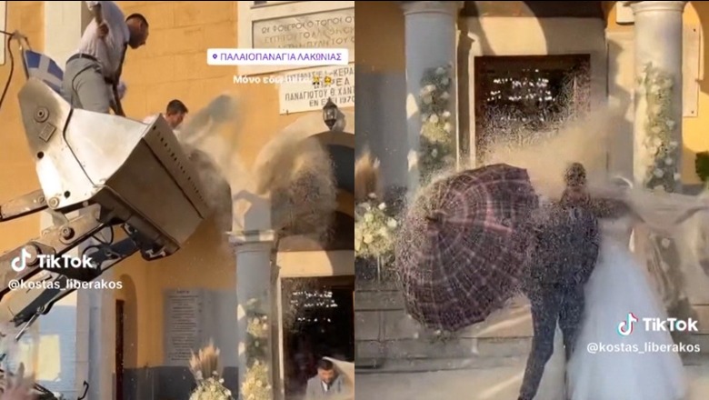 Greqi/ Dasmorët hipin mbi ekskavator, u hedhin oriz me lopata çiftit (VIDEO) 