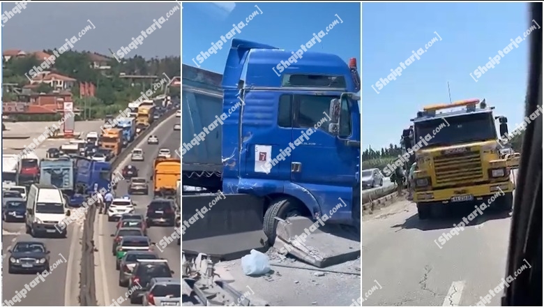 VIDEO/ Aksident në autostradën Tiranë-Durrës, kamioni përplaset me trafikndarësen! Krijohet trafik i rënduar