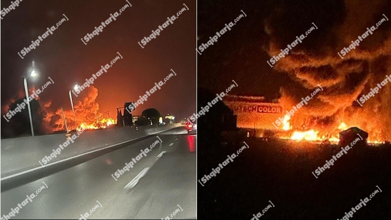 Zjarr i madh në një fabrikë bojërash në autostradën Tiranë-Durrës, ministria e Brendshme bën apel që të shmanget aksi rrugor (VIDEO)