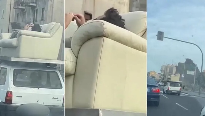 VIDEOLAJM/ I riu shtrihet në divanin e ngarkuar mbi makinë! Shoferi në Itali merr gjobën e majme