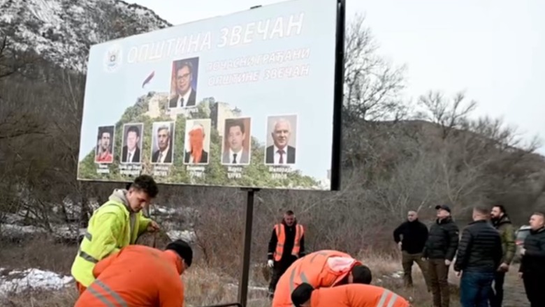 VIDEO/ Hiqet tabela me foton e Vuçiç dhe Putin në Zveçan, reagon Sveçla: Simboli i vetëm i Serbisë në Kosovë do të jetë ambasada