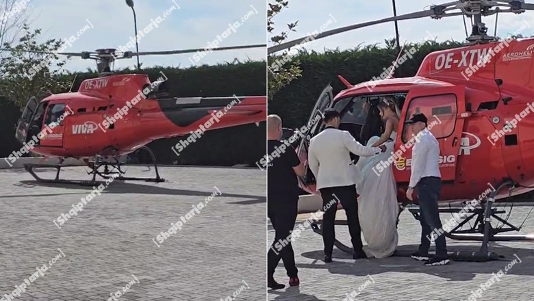 VIDEOLAJM/ Dasmë e pazakontë në Fier, dhëndri merr nusen me helikopter