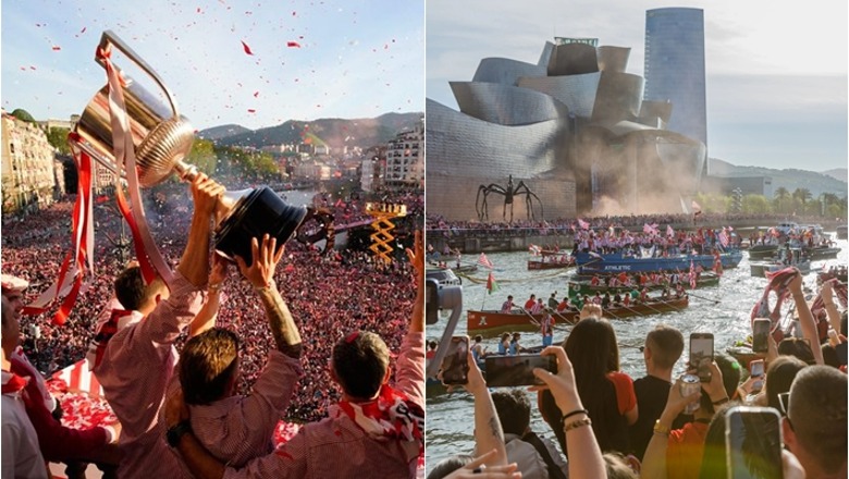 VIDEO/ Pamje madhështore nga Bilbao, Kupa e Mbretit mbledh mijëra tifozë në rrugë! Trofeu me lojtarët kalojnë lumin 'Nervion'