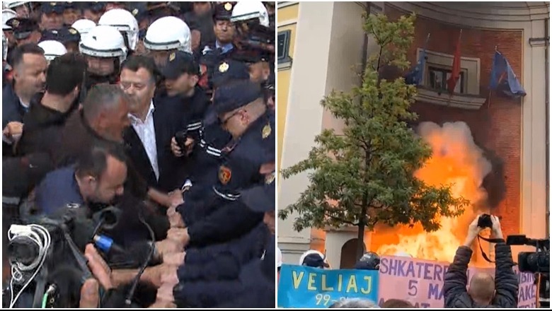 Tensione para bashkisë së Tiranës, Rithemelimi e Partia e Lirisë përplasen me policinë heqin gardhin metalik! Tymuese e molotov drejt derës