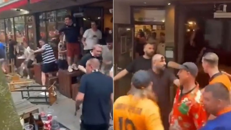 VIDEO/ Karriget dhe stolat 'fluturojnë' kokës, dhunë mes tifozëve të Holandës dhe Anglisë para ndeshjes së Euro 2024