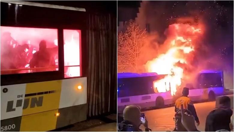 VIDEO/ Ndezën flakadanët brenda mjetit, digjet autobusi që transportonte tifozët e Barcelonës në ndeshjen e Champions League
