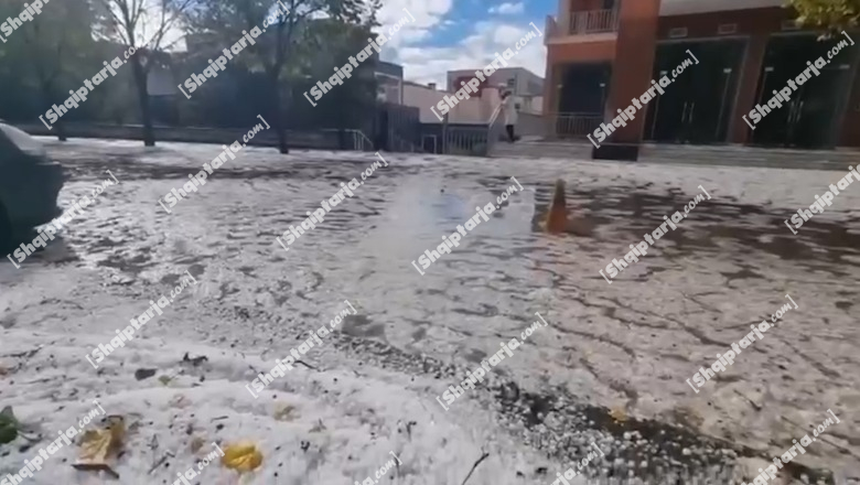 Stuhi e fortë me breshër në Gramsh  uji vërshon në rrugë  dëme dhe në bujqësi  VIDEO 