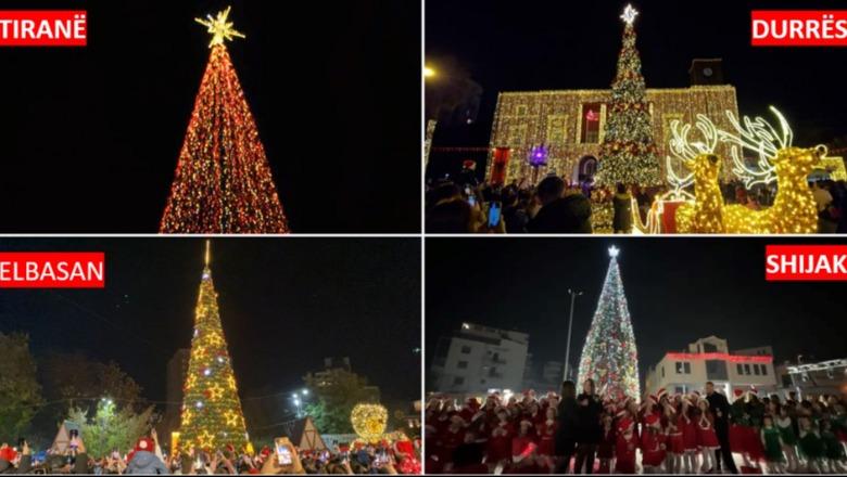 Spektakël ngjyrash! Tirana, Durrësi, Shijaku, Elbasani e Fieri ndezin dritat e 'Pemës së Festave' të fundvitit! Qindra fëmijë dhe qytetarë të pranishëm (VIDEO)