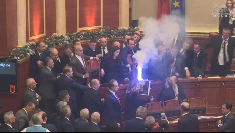 Deputetja e PD ndez flakandanin në Kuvend, e kishte mbështjellë me posterin e opozitës