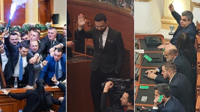 Kuvendi 1 orë 'arenë' dhune, deputetët e PD zaptojnë karriget e ministrave dhe përplasen me Gardën: Ku është Balluku? Shabani betohet mes flakadanëve, PS kalon direkt në votim