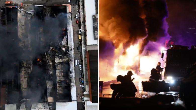 Subjekte të shkrumbuara totalisht, Report Tv sjell pamjet me dron nga zjarri te tregu në '5 Maji'! Zona nën 'pushtetin' e tymit (VIDEO)