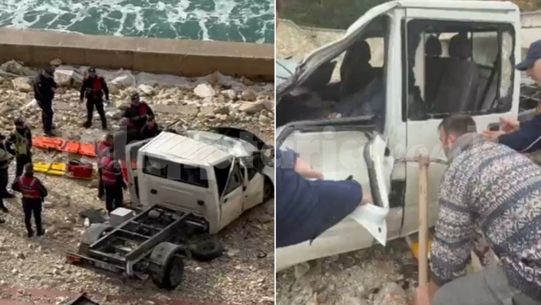 Aksident rrugor në Vlorë, kamionçina del nga rruga, rrëzohet nga 7 metra lartësi dhe përfundon në breg të detit! Momenti kur shoferi i lënduar nxirret nga mjeti (VIDEO)