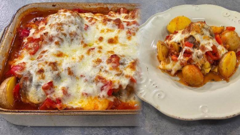 Qofte shtëpie në furrë me patate dhe salcë të kuqe nga zonja Albana