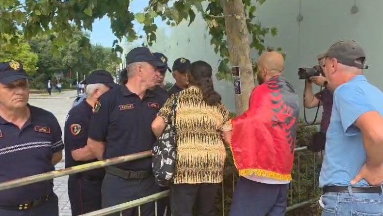 Protesta para parlamentit, protestuesja hipën te barrierat metalike, bën gjeste për heqjen e tij