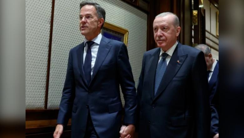 FOTOLAJM/ Mark Rutte dhe Erdogan shfaqen duke ecur dorë për dore para samitit të NATO-s
