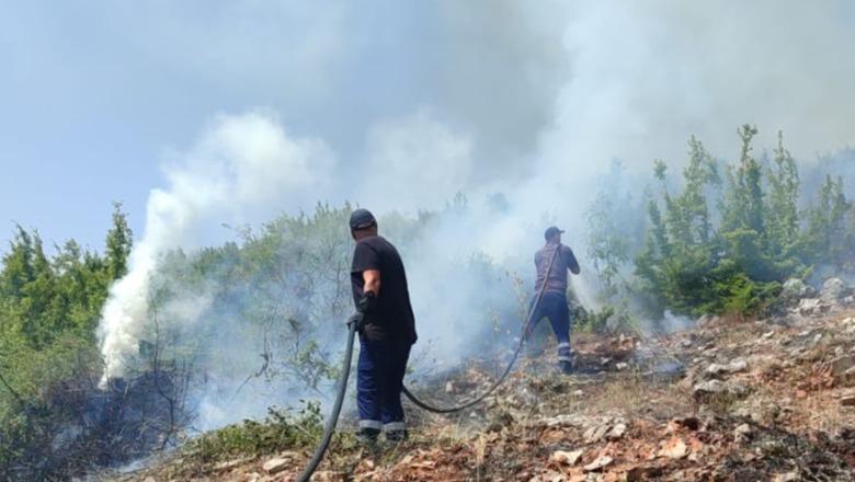 Zjarr në zonën e Qafë Thanës, temperaturat e larta dhe era favorizojnë përhapjen e flakëve, zjarrfikësit në terren