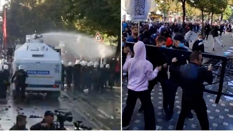 LIVE TV- Protestuesit sulm Ministrisë së Arsimit, futen në oborr! Të rinj të maskuar thyejnë xhamat me pllaka trotuari, hedhin gurë e fishekzjarrë, policia i shpërndan me ujë dhe gaz lotsjellës