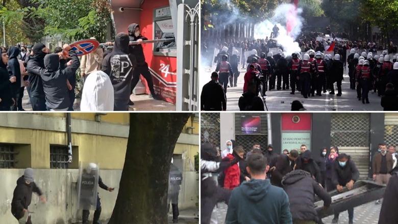 LIVE TV- Protestuesit sulm me gurë Kuvendit, 3 ministrive dhe efektivëve, Policia i spraps direkt me gaz lotsjellës! Bllokojnë rrugët, shkatërrojnë kangjella e semaforë