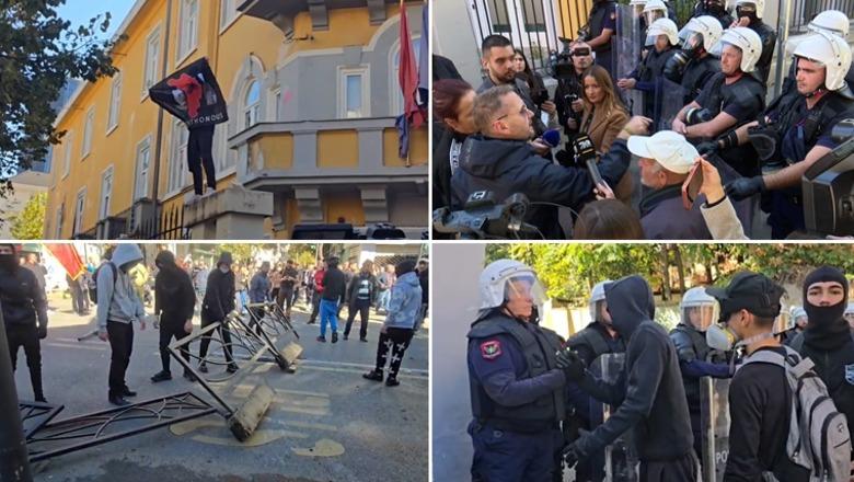 LIVE TV- Protestuesit e maskuar shkulin kangjellat dhe i vendosin si ‘gardh’ në mes të rrugës