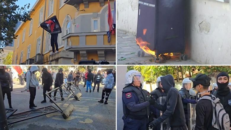 LIVE TV- Protestuesit e maskuar shkulin kangjellat dhe i vendosin si ‘gardh’ para policisë! Djegin valixhen, e hedhin në oborrin e Ministrisë së Arsimit 