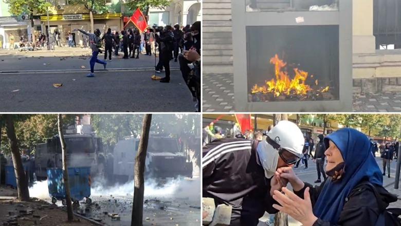 LIVE TV- Protestuesit sulm molotovë dhe gurë efektivëve te Ministria e Arsimit, policia hedh ujë e gaz lotsjellës! Digjet kabina e rojës te Ambasada e Vatikanit