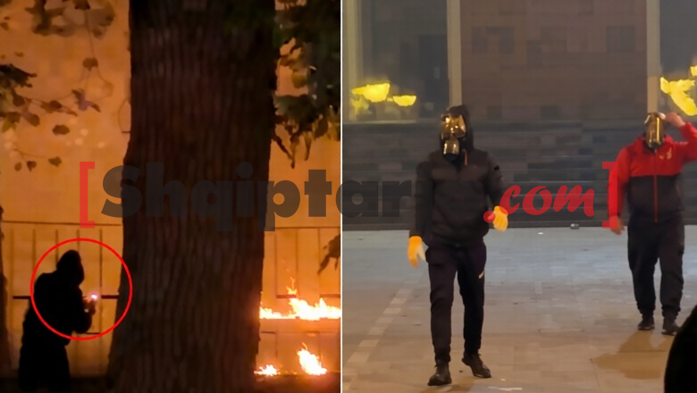 Report Tv sjell pamjet, ja protestuesit me maska brenda në selinë e PD! Njëri ndez molotov dhe ia hedh policëve, të tjerë brenda në zyra