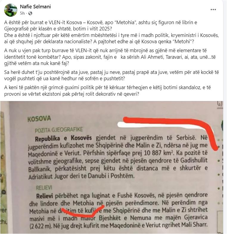 Denoncimi  Në librat e gjeografisë në Maqedoninë e Veriut  Kosova quhet  Metohi 