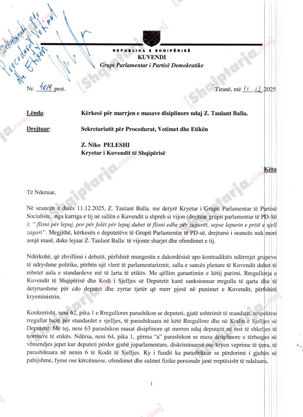 Pas debatit të ashpër në Kuvend  PD kërkon përjashtimin 30 ditor të Taulant Ballës