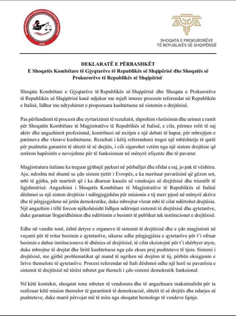 Gjyqtarët dhe prokurorët në Shqipëri reagojnë pas referendumit në Itali ...